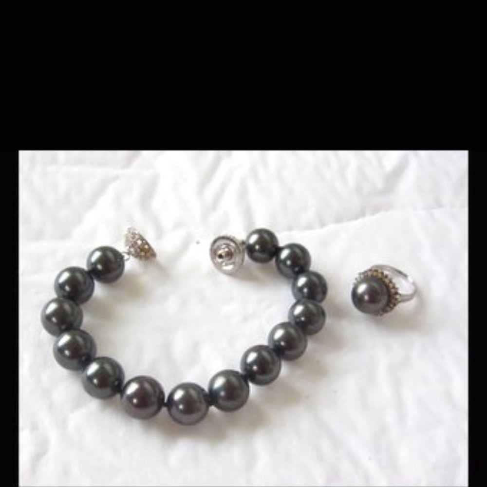 Pearlfection .925 Faux Black South Sea Pearl Bracelet and Ring Set